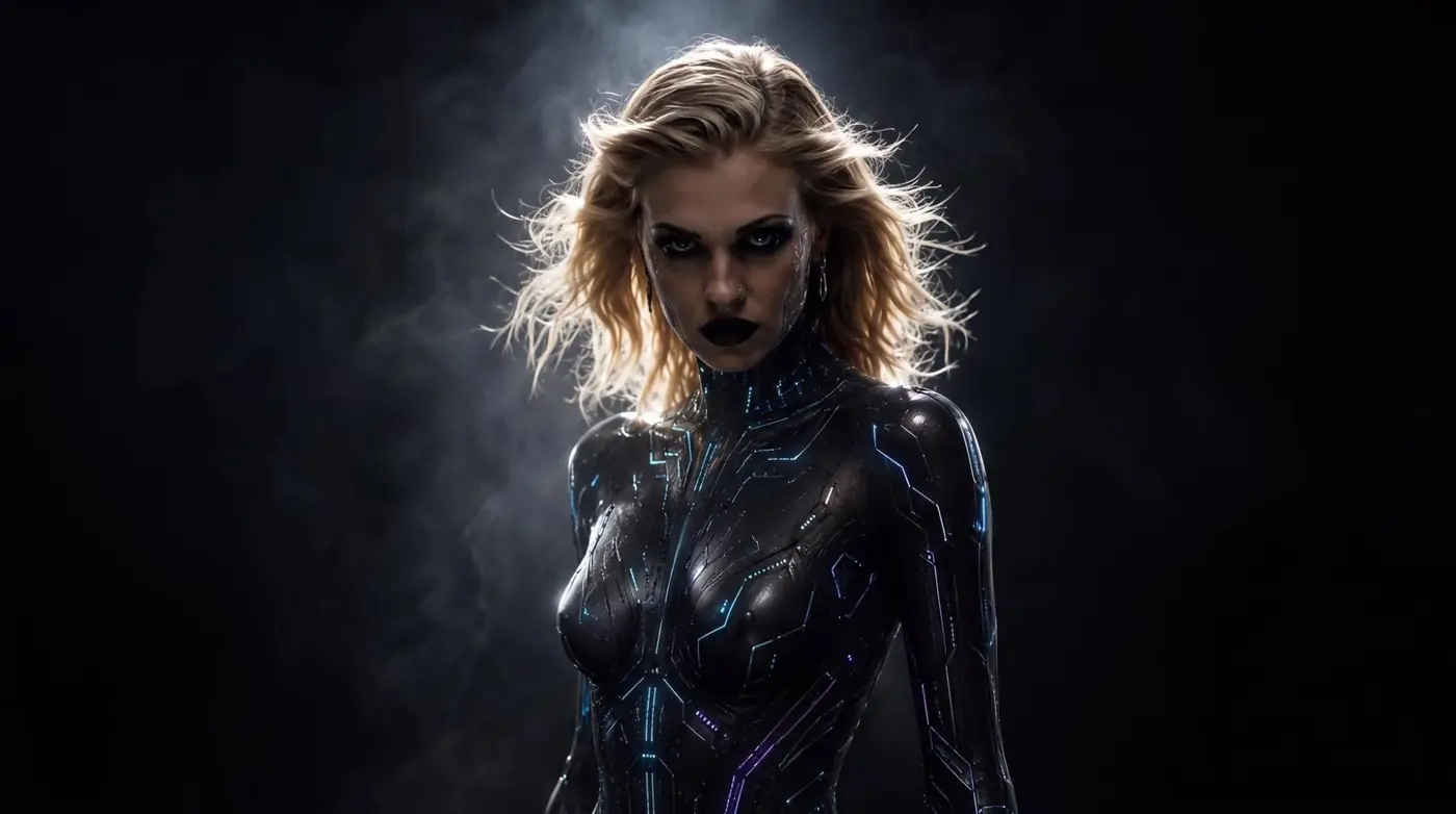 Lysa Chain in una tuta nera illuminata da linee di circuiti al neon